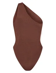 Chocolate Brown Crinkle One Shoulder Cut Out Swimsuit - 4