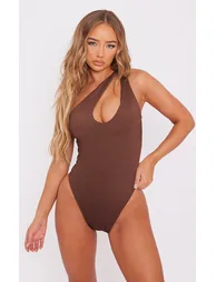 Chocolate Brown Crinkle One Shoulder Cut Out Swimsuit