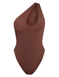 Chocolate Brown Crinkle One Shoulder Cut Out Swimsuit - 3
