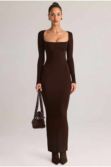Modal Square-Neck Maxi Dress in Chocolate Brown