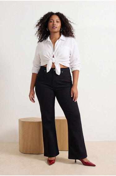 Non-Fading Black High Waist Stretch Fabric Spanish Leg Flare Fit Plus Size Jeans