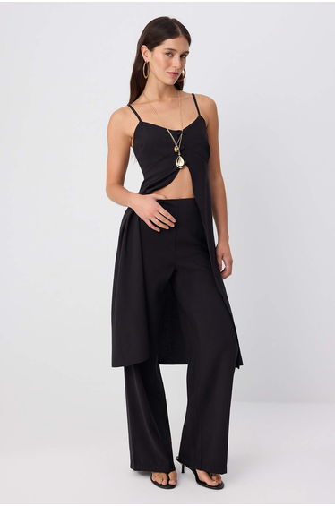 Black Long Vest Blouse and Trousers Woven Bottom&Top Bottom - Top Set