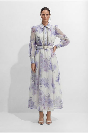 Truly Mine Purple Floral Print Sheer Sleeve Maxi Dress