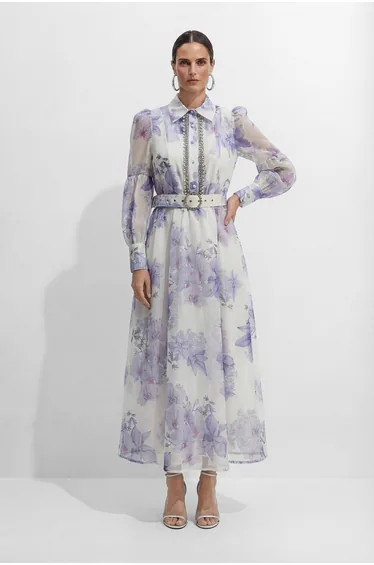 Truly Mine Purple Floral Print Sheer Sleeve Maxi Dress