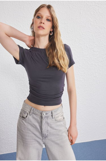 Anthracite Gathering/Drape Detailed Fitted Knitted Blouse