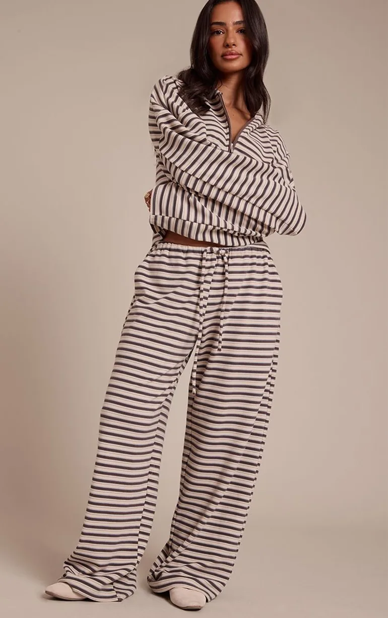 Petite Brown Striped Soft Fleece Straight Leg Joggers