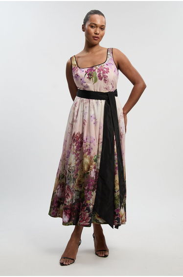 Plus Size Floral Print Silk Cotton Strappy Woven Maxi Dress