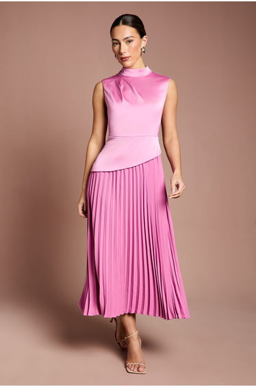 Drape High Neck Pleated Skirt Midi Dress