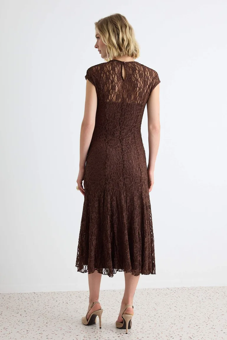 Brown Straight a Line Crew Neck Moon Sleeve Midi Lace Lined Knitted Dress - 4