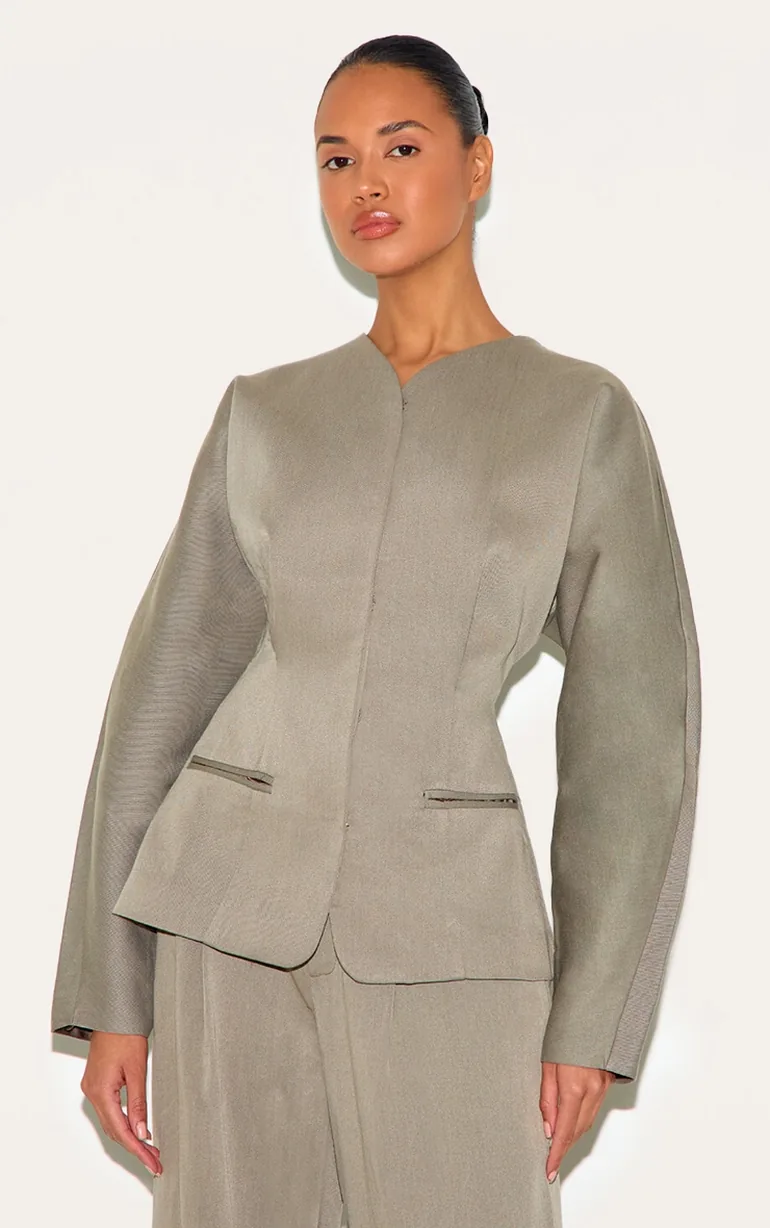 Light Grey Premium Woven Tailored Collarless Blazer - 6
