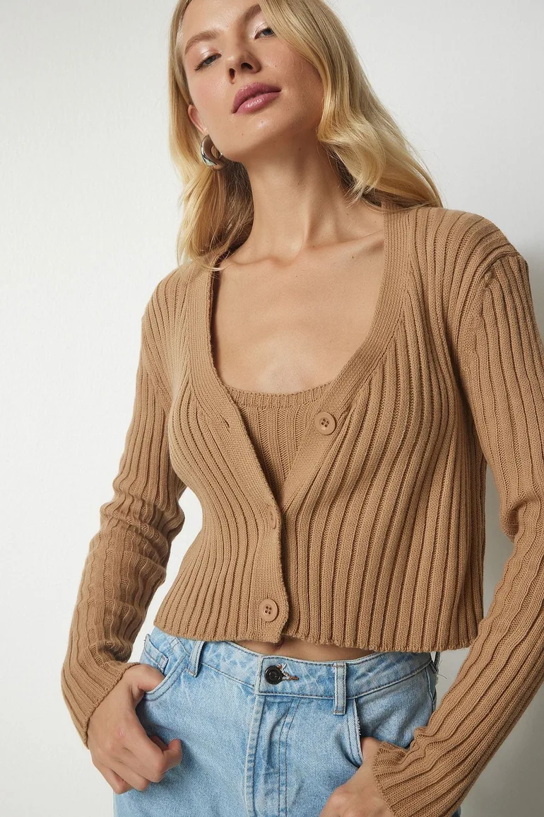 Women's Biscuit Knitted Sweater Bustier Cardigan Suit - 2