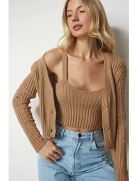 Women's Biscuit Knitted Sweater Bustier Cardigan Suit