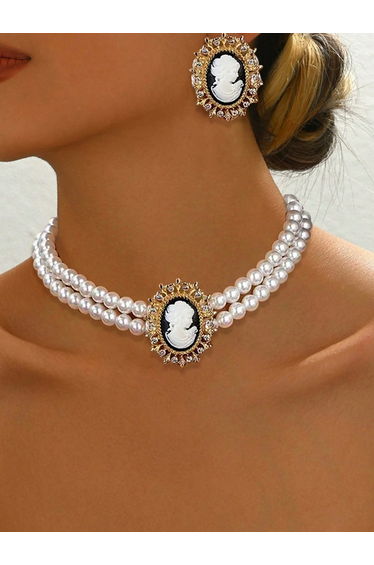 Double-Layer Retro Rhinestone Faux Pearl Choker with Earrings Set