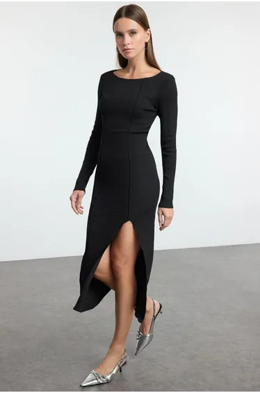 فستان محبوك بقصة مستقيمة بقصة ضيقة بفتحة - أسود