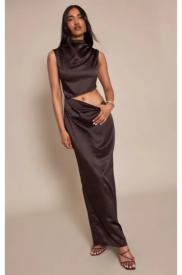 Chocolate Satin High Neck Cut Out Maxi Dress
