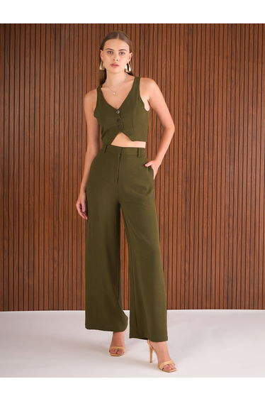 Olive Crop Waistcoat and Straight Pants Co-Ords