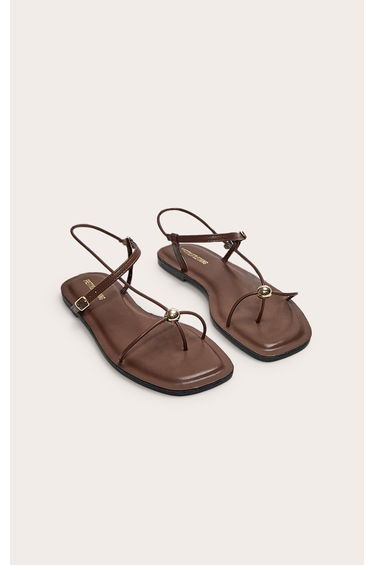 Chocolate Pu Square Toe Thong Chocolate Trim Flat Sandals