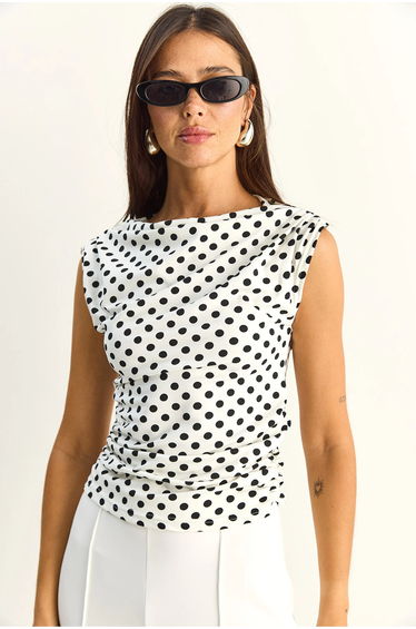 LUCCI Fitted Cowl Neck Polka Dot Blouse