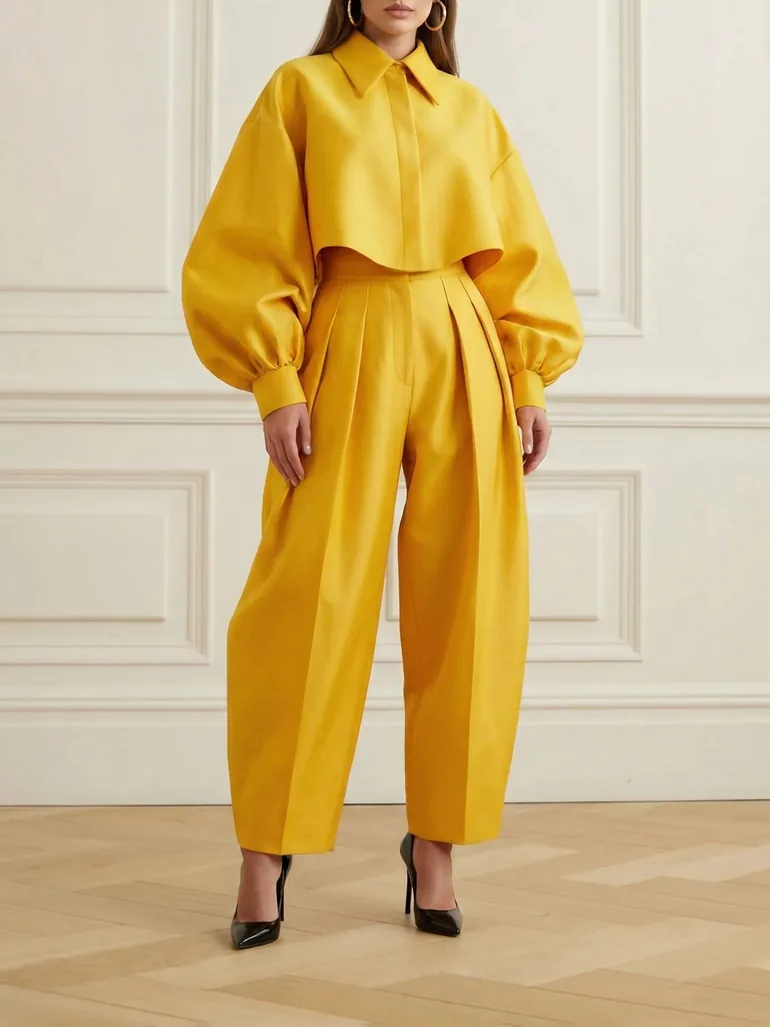 High-Low Loose Pleated Pockets Solid Color Pants Trousers - 4