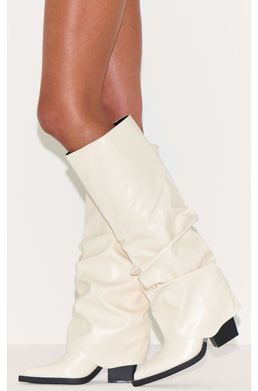 Cream Pu Point Toe Fold Over Block Heel Knee High Boots