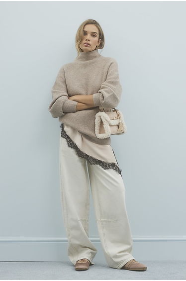 Beige Knitted Funnel Neck Jumper