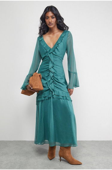 Chiffon Ruffle Gathered Bodice Dress