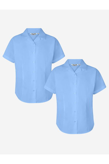 Zeco Girls School Fitted Short Sleeve Revere Collar Blouse Twin Pack in Blue