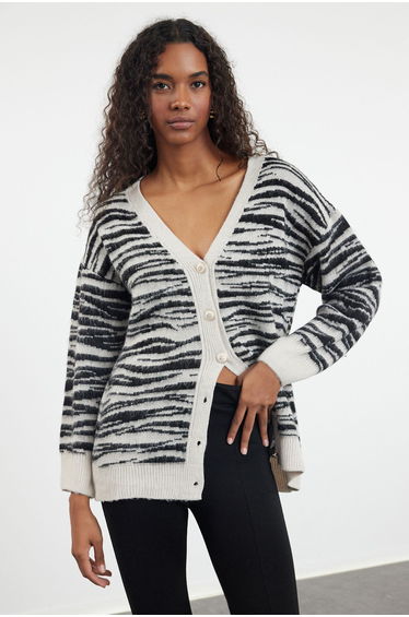 Stone Soft Textured Animal Patterned Knitwear Cardigan