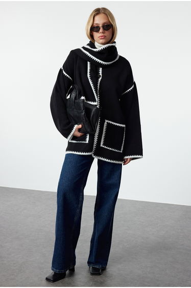 Black Soft Textured Scarf Beard Detailed Knitwear Cardigan