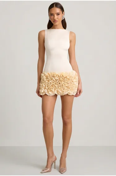 Appliqué Open-Back Mini Dress in Ivory