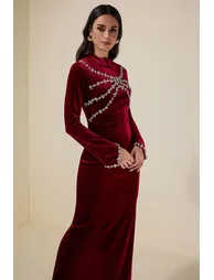 Velvet Rhinestone Long Sleeve Maxi Dress - 3