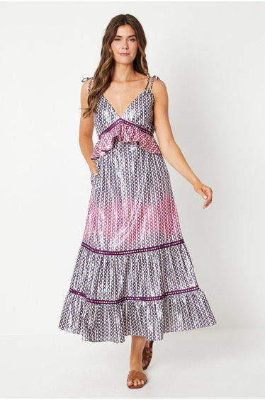 Printed Strap Detail Tiered Maxi Dress