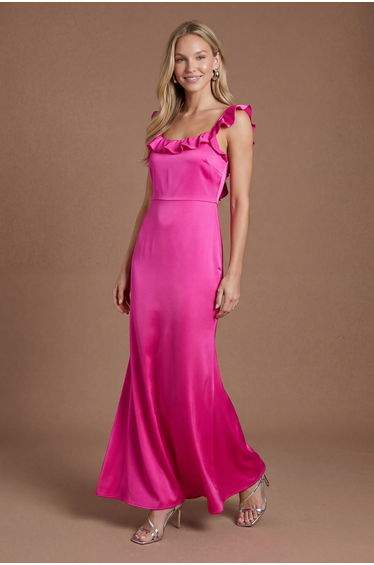 Bright Pink Ruffle Square Neck Satin Bridesmaid Maxi Dress