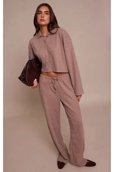 Mushroom Brushed Rib Wide Leg Drawstring Trousers