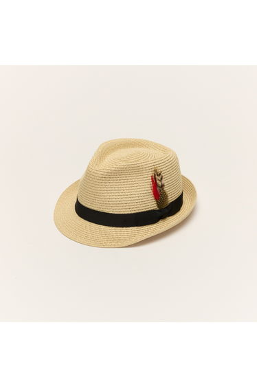 Beige Summer Straw Trilby Hat With Feather