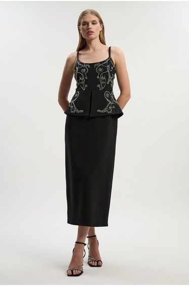 Petite Crystal Embellished Peplum Bandeau Pencil Midi Dress
