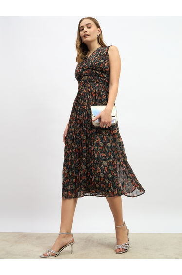 Paisley Print Pleated A-Line Midi Dress