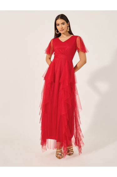 Mesh Insert Layered A-Line Maxi Dress
