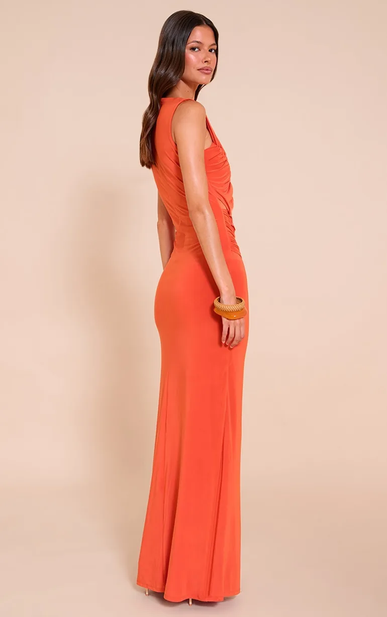 orange double layer soft touch extreme ruched maxi dress I make my own summer @FashionNova   Sunset Views Ruched Maxi Dress -  Orange Catching The Vibes Earrings
