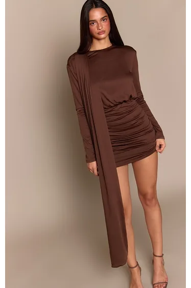 Chocolate Soft Touch Ruched Drape Mini Dress