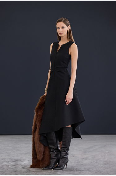 Trendyol studio collection black asymmetric v-neck detailed midi flexible knitted dress