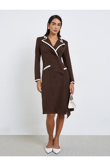 Brown Contrast Piping Blazer Knee Length Dress