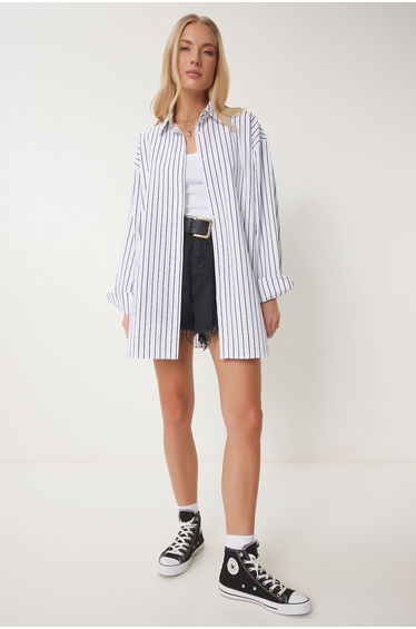 Women's White Black Striped Oversize Long Woven Shirt