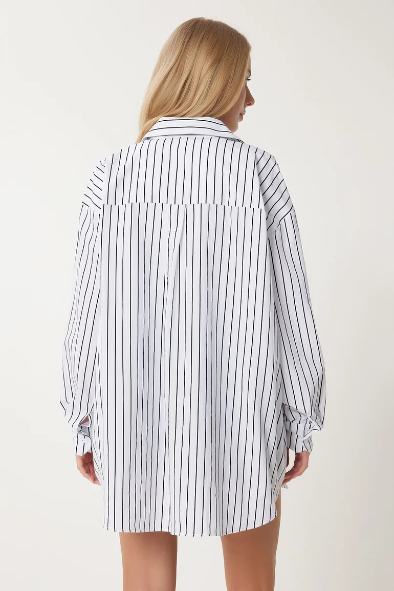 Women's White Black Striped Oversize Long Woven Shirt - 5