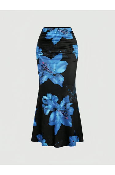 Black Floral Bodycon Maxi Skirt