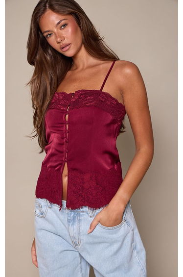 Deep Red Satin Button Up Lace Detail Cami