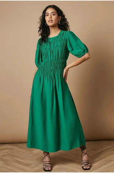 Petite Shirred Bodice Puff Sleeve Midi Dress
