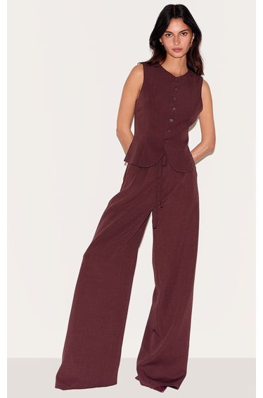 Wine Tailored Tie Detail Woven Wide Leg Trousers