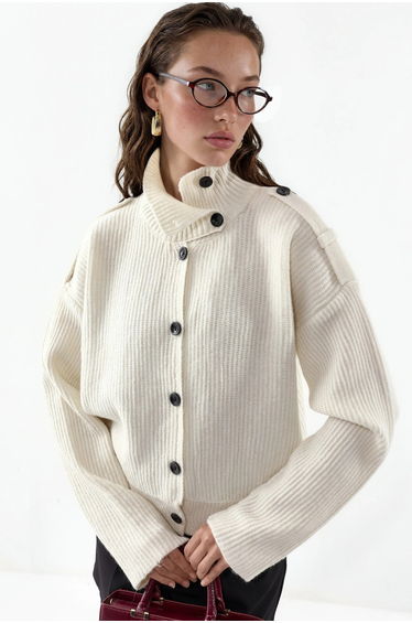 VIORNA Ribbed Half-Turtleneck Button Cardigan