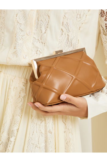 Brown Embossed Clutch with Chain Strap